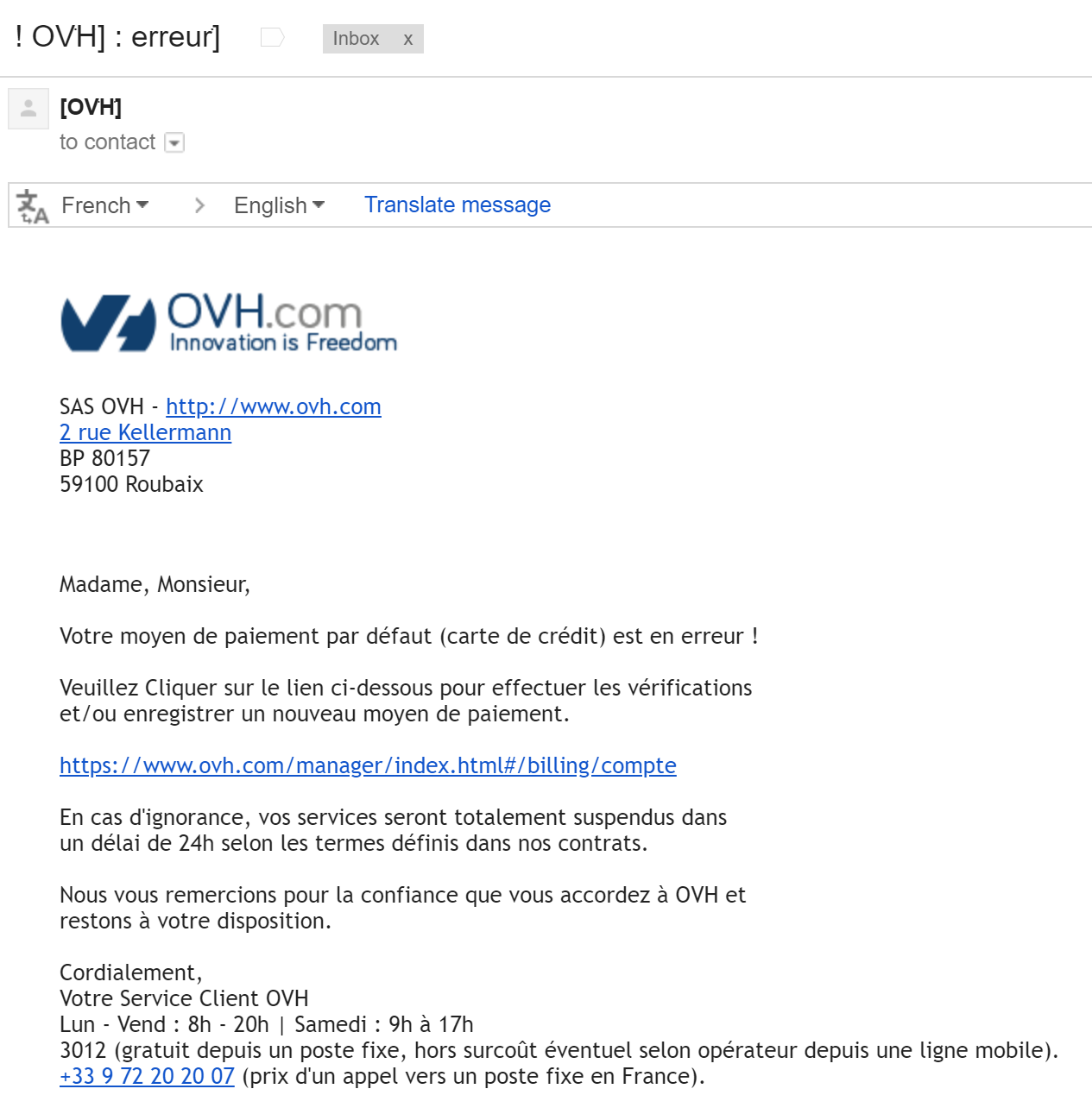 Campagne de hameçonnage ciblant les clients d’OVH