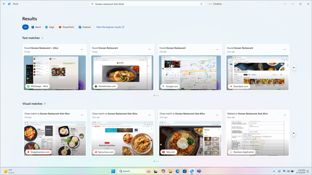 Copie d’écran d’un résultat de recherche Recall avec 8 vignettes d’images 4 correspondant aux résultats de la recherche textuelle et 4 autres à la recherche dans le contenu de l’image. L’interface propose de filtrer les résultats par application.